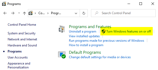 screenshot-turn windows features on or off
